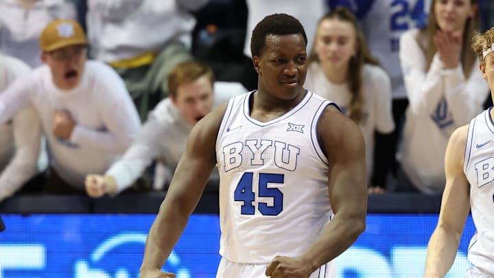 Feb 20, 2024; Provo, Utah, USA; Brigham Young Cougars forward Fousseyni Traore (45) reacts to a play Feb 20, 2024; Provo, Utah, USA; Brigham Young Cougars forward Fousseyni Traore (45) reacts to a play