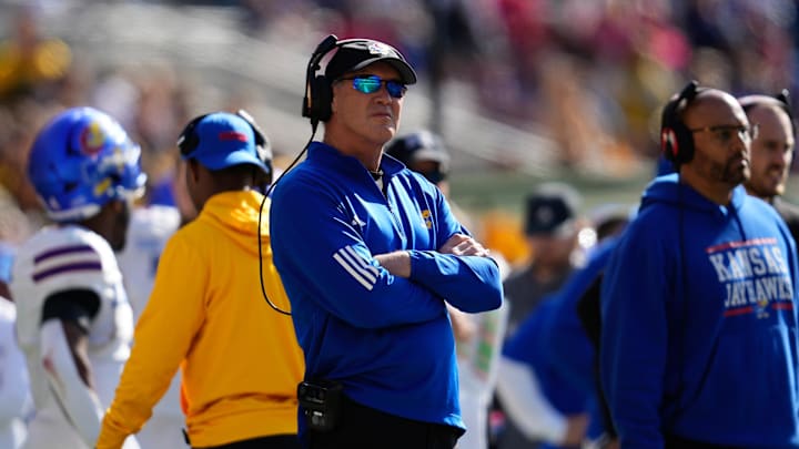 Nov 30, 2024; Waco, Texas, USA;  Kansas Jayhawks head coach Lance Leipold reacts against the Baylor Bears during the second half at McLane Stadium. Mandatory Credit: Chris Jones-Imagn Images