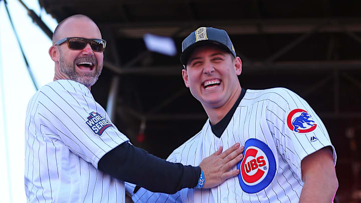 Nov 4, 2016; Chicago, IL, USA; Chicago Cubs catcher David Ross (left) and first baseman Anthony Rizzo (right) laugh during the World Series victory rally in Grant Park.