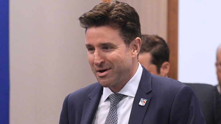 May 8, 2025; Tarrytown, NY, USA; New York Rangers president and general manager Chris Drury during a press conference to introduce new head coach Mike Sullivan at the MSG Training Center in Tarrytown, New York May 8, 2025. Mandatory Credit: Peter Carr/USA TODAY NETWORK via Imagn Images May 8, 2025; Tarrytown, NY, USA; New York Rangers president and general manager Chris Drury during a press conference to introduce new head coach Mike Sullivan at the MSG Training Center in Tarrytown, New York May 8, 2025. Mandatory Credit: Peter Carr/USA TODAY NETWORK via Imagn Images