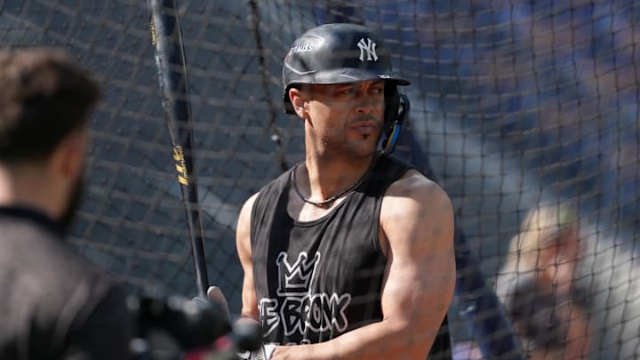 Oct 4, 2025; Toronto, Ontario, CAN; New York Yankees designated hitter Giancarlo Stanton (27) takes batting practice before game one against the Toronto Blue Jays in the ALDS round for the 2025 MLB playoffs at Rogers Centre. Mandatory Credit: Nick Turchiaro-Imagn Images