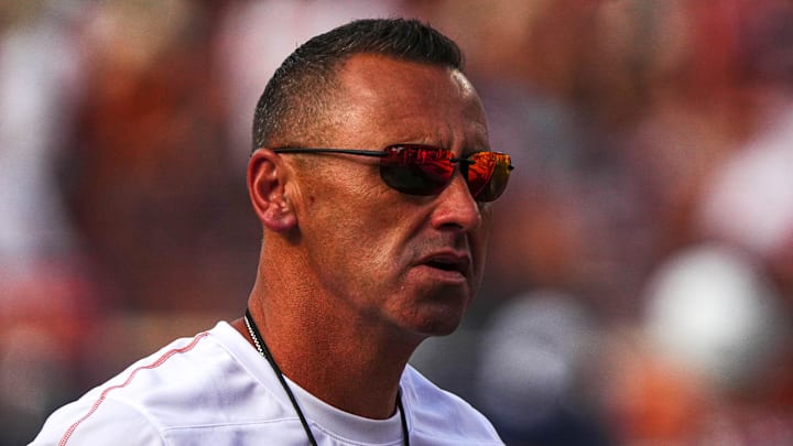 Texas Longhorns head coach Steve Sarkisian on Sep. 14, 2024, at Darrell K Royal-Texas Memorial Stadium in Austin, Texas. Texas Longhorns head coach Steve Sarkisian on Sep. 14, 2024, at Darrell K Royal-Texas Memorial Stadium in Austin, Texas.