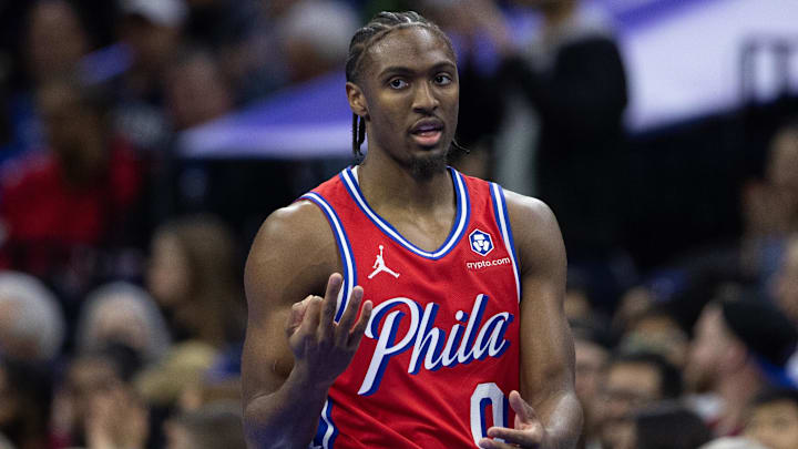 Nov 22, 2024; Philadelphia, Pennsylvania, USA; Philadelphia 76ers guard Tyrese Maxey (0) reacts to  his three pointer against the Brooklyn Nets during the first quarter at Wells Fargo Center. Mandatory Credit: Bill Streicher-Imagn Images