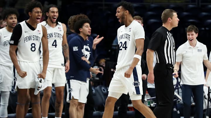 Penn State Nittany Lions forward Zach Hicks (24) reacts after making a shot and being fouled during the second half against the Northwestern Wildcats at Bryce Jordan Center. 