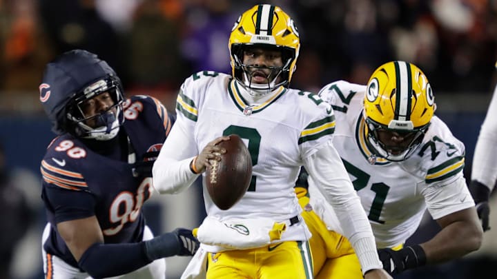 Green Bay Packers quarterback Malik Willis (2) runs for a gain against the Chicago Bears during their football game Saturday, December 20, 2025, at Soldier Field in Chicago, Illinois.
