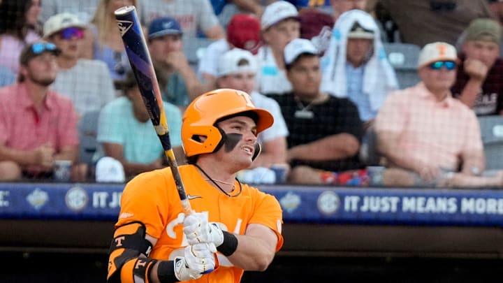 May 22, 2025; Hoover, AL, USA; Tennessee shortstop Gavin Kilen (6) connects for a solo homer to give Tennessee the lead in the 10th inning in the third round of the SEC Baseball Tournament at the Hoover Met. Tennessee eliminated Texas with a 12-inning 7-5 victory. Kilen drove in all three runs in extra innings.