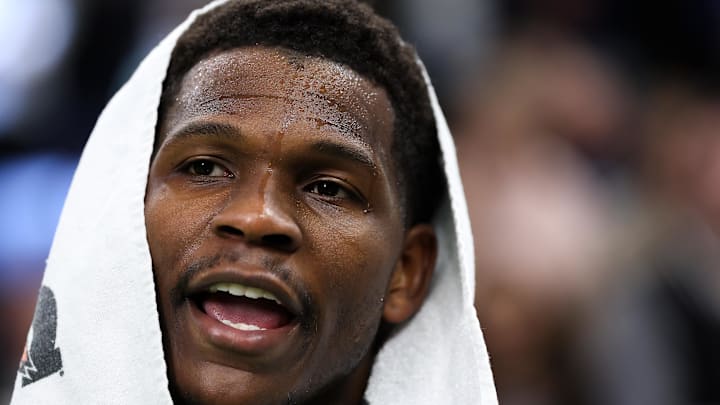 Nov 29, 2024; Minneapolis, Minnesota, USA; Minnesota Timberwolves guard Anthony Edwards (5) reacts to his teams win after an NBA Cup game against the LA Clippers at Target Center. Mandatory Credit: Matt Krohn-Imagn Images