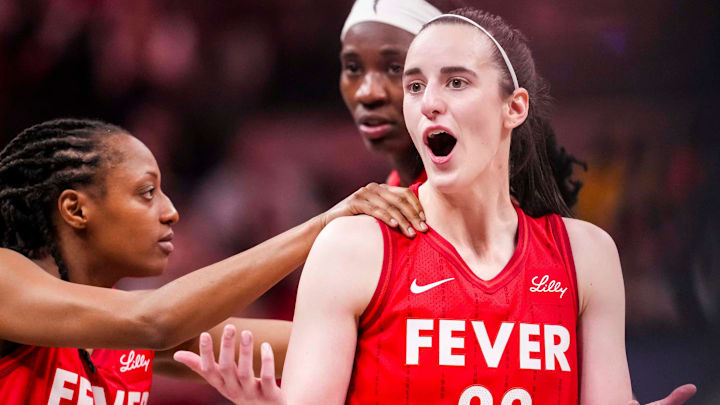 Indiana Fever guard Caitlin Clark (22) reacts to receiving a flagrant foul Saturday, May 17, 2025, during a game between the Indiana Fever and the Chicago Sky at Gainbridge Fieldhouse in Indianapolis. The Indiana Fever defeated the Chicago Sky, 93-58. Indiana Fever guard Caitlin Clark (22) reacts to receiving a flagrant foul Saturday, May 17, 2025, during a game between the Indiana Fever and the Chicago Sky at Gainbridge Fieldhouse in Indianapolis. The Indiana Fever defeated the Chicago Sky, 93-58.