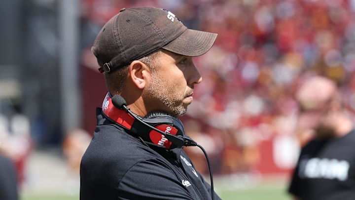 Sep 6, 2025; Ames, Iowa, USA; Iowa State Cyclones head coach Matt Campbell looks on against the Iowa Hawkeyes during the second quarter at Jack Trice Stadium. Sep 6, 2025; Ames, Iowa, USA; Iowa State Cyclones head coach Matt Campbell looks on against the Iowa Hawkeyes during the second quarter at Jack Trice Stadium.