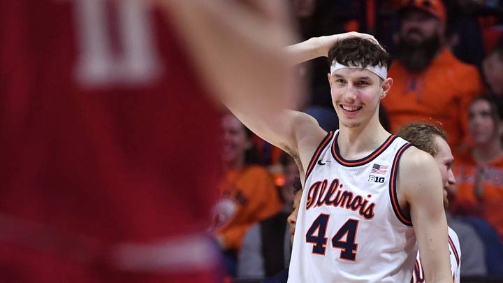 Feb 15, 2026; Champaign, Illinois, USA; Illinois Fighting Illini forward Zvonimir Ivisic (44) smiles as teammates play on the court during the second half against the Indiana Hoosiers at State Farm Center. Mandatory Credit: Ron Johnson-Imagn Images Feb 15, 2026; Champaign, Illinois, USA; Illinois Fighting Illini forward Zvonimir Ivisic (44) smiles as teammates play on the court during the second half against the Indiana Hoosiers at State Farm Center. Mandatory Credit: Ron Johnson-Imagn Images
