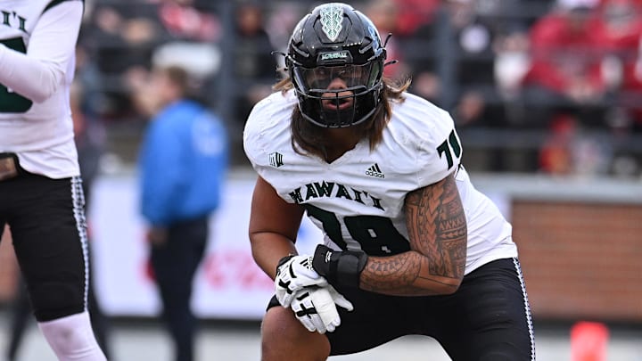 Oct 19, 2024; Pullman, Washington, USA; Hawaii Warriors offensive lineman Ka'ena Decambra (78) lines ups for a play against the Washington State Cougars in the second half at Gesa Field at Martin Stadium. Mandatory Credit: James Snook-Imagn Images
