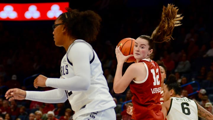 Oklahoma forward Payton Verhulst prepares to pass against Oklahoma State. Oklahoma forward Payton Verhulst prepares to pass against Oklahoma State.