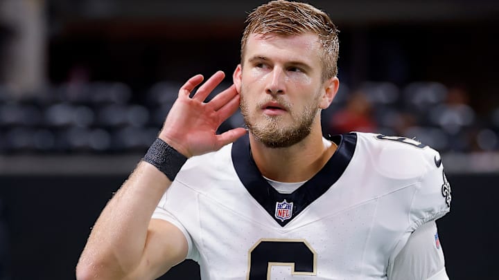 New Orleans Saints QB Tyler Shough (6) listens to the fans during a game against the Atlanta Falcons on Jan. 4, 2026. New Orleans Saints QB Tyler Shough (6) listens to the fans during a game against the Atlanta Falcons on Jan. 4, 2026.