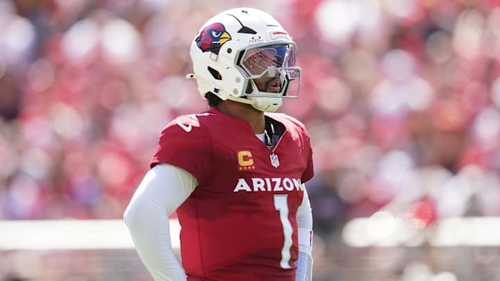 Sep 21, 2025; Santa Clara, California, USA; Arizona Cardinals quarterback Kyler Murray (1) stands on the field against the San Francisco 49ers during the first half at Levi's Stadium. Mandatory Credit: Cary Edmondson-Imagn Images
