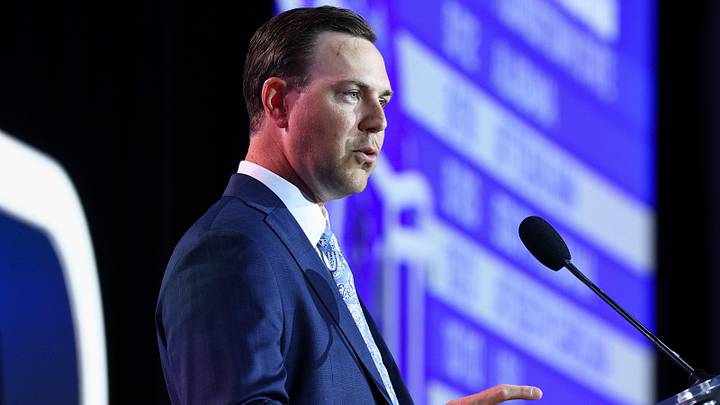 Jul 20, 2026; Tampa, FL, USA; Kentucky Wildcats head coach Will Stein speaks to the press during SEC Football Kickoff Media Day at the Tampa Marriott. Mandatory Credit: Nathan Ray Seebeck-Imagn Images