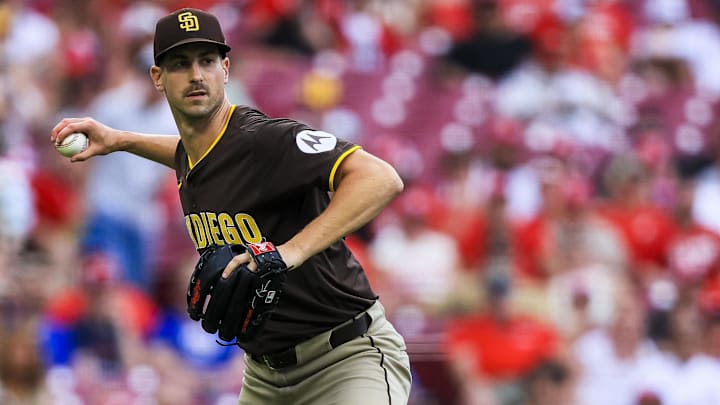 Jun 28, 2025; Cincinnati, Ohio, USA; San Diego Padres relief pitcher Bryan Hoeing (78) throws to first to get Cincinnati Reds third baseman Santiago Espinal (not pictured) out in the sixth inning at Great American Ball Park. Mandatory Credit: Katie Stratman-Imagn Images