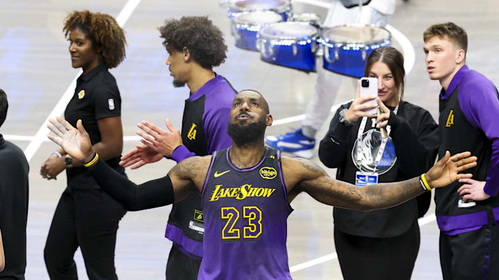 Jan 7, 2025; Dallas, Texas, USA;  Los Angeles Lakers forward LeBron James (23) throws up chalk before the game against the Dallas Mavericks at American Airlines Center. Mandatory Credit: Kevin Jairaj-Imagn Images