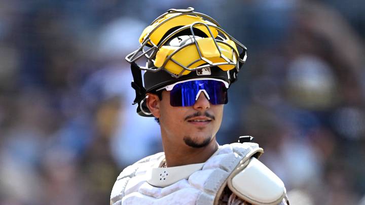 Sep 20, 2026; San Diego, California, USA;  San Diego Padres catcher Ethan Salas (8) walks off the field during the sixth inning against the Miami Marlins at Petco Park.  Mandatory Credit: Denis Poroy-Imagn Images