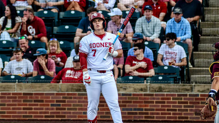 Oklahoma infielder Jaxon Willits steps out of the batter's box against Arizona State. Oklahoma infielder Jaxon Willits steps out of the batter's box against Arizona State.