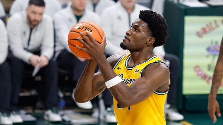 Mar 7, 2026; Waco, Texas, USA; Baylor Bears guard Tounde Yessoufou (24) shoots a free throw during the second half at Paul and Alejandra Foster Pavilion.