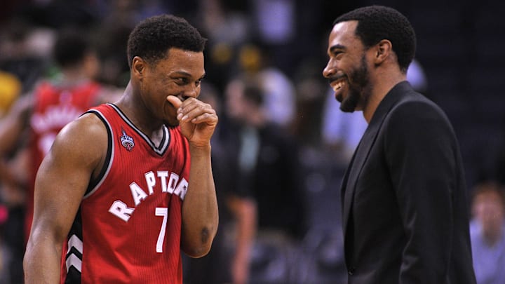 Apr 1, 2016; Memphis, TN, USA; Toronto Raptors guard Kyle Lowry (7) and speaks with guard Mike Conley (right) after the game at FedExForum. Toronto beat Memphis 99-95. Mandatory Credit: Justin Ford-Imagn Images Apr 1, 2016; Memphis, TN, USA; Toronto Raptors guard Kyle Lowry (7) and speaks with guard Mike Conley (right) after the game at FedExForum. Toronto beat Memphis 99-95. Mandatory Credit: Justin Ford-Imagn Images