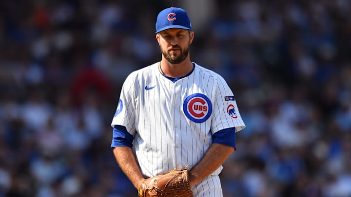 Sep 13, 2025; Chicago, Illinois, USA; Chicago Cubs pitcher Drew Pomeranz (45) prepares to pitch against the Tampa Bay Rays during the sixth inning at Wrigley Field. Mandatory Credit: Patrick Gorski-Imagn Images
