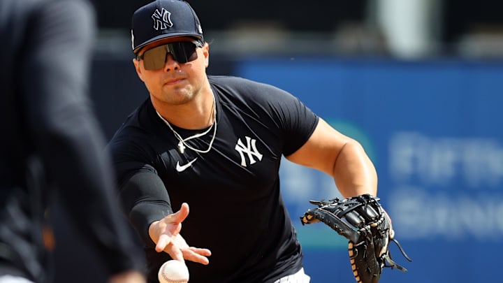 Mar 16, 2022; Tampa, FL, USA; New York Yankees first baseman Luke Voit (59) works out during spring training practice at George M Steinbrenner Field. Mandatory Credit: Kim Klement-Imagn Images