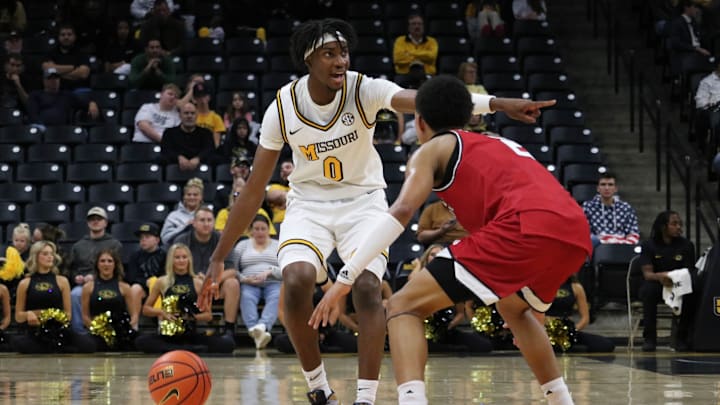 Nov. 11, 2024; Columbia, Missouri, USA; Missouri Tigers guard Anthony Robinson II (0) instructs his teammates during a game against Eastern Washington at Mizzou Arena. 