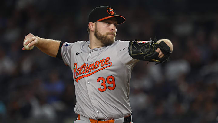 Sep 26, 2024; Bronx, New York, USA; Baltimore Orioles starting pitcher Corbin Burnes (39) delivers a pitch during the first inning against the New York Yankees at Yankee Stadium. 