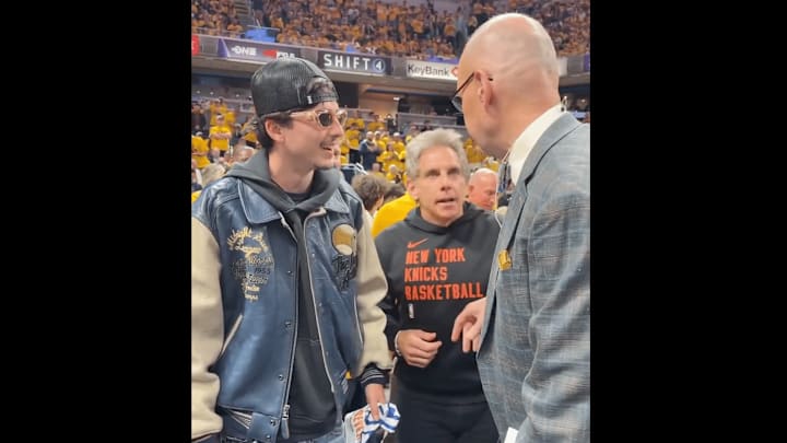 Chalamet, Stiller and Johnson at Gainbridge Fieldhouse for Game 4 between the Indiana Pacers and New York Knicks