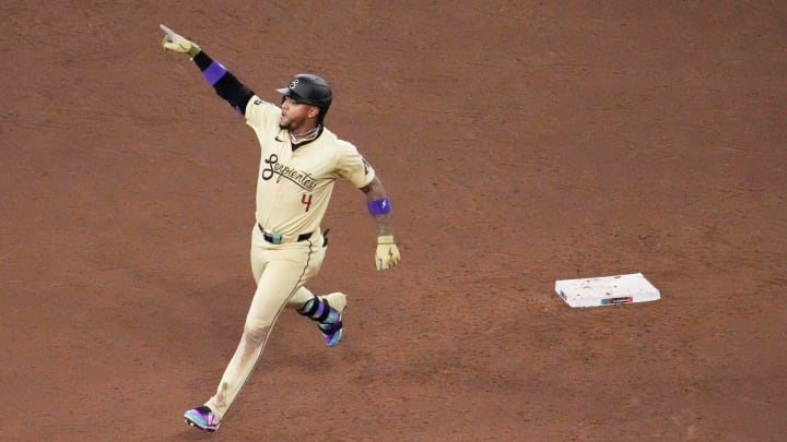 Arizona Diamondbacks’ Ketel Marte (4) celebrates his game-tying home run against the Chicago Cubs during the ninth inning at Chase Field in Phoenix on April 16, 2024.