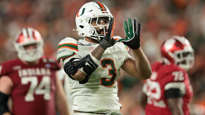 Miami Hurricanes defensive lineman Akheem Mesidor celebrates after a sack against the Indiana Hoosiers.
