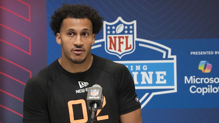 Feb 28, 2025; Indianapolis, IN, USA; Stanford wideout Elic Ayomanor (WO02)answers questions at a press conference during the 2025 NFL Combine at Indiana Convention Center. Mandatory Credit: Stephanie Amador Blondet-Imagn Images Feb 28, 2025; Indianapolis, IN, USA; Stanford wideout Elic Ayomanor (WO02)answers questions at a press conference during the 2025 NFL Combine at Indiana Convention Center. Mandatory Credit: Stephanie Amador Blondet-Imagn Images