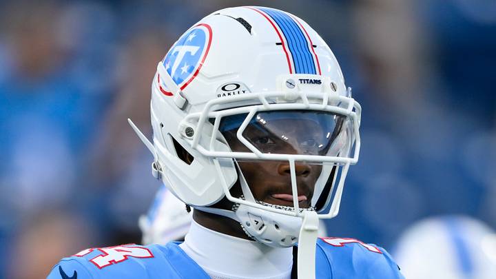 Aug 23, 2026; Nashville, Tennessee, USA;  Tennessee Titans wider receiver Carnell Tate (14) during warmup period against the Seattle Seahawks at Nissan Stadium. Mandatory Credit: Steve Roberts-Imagn Images