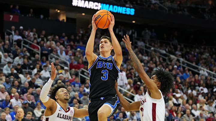 Mar 27, 2025; Newark, NJ, USA; Brigham Young Cougars guard Egor Demin (3) drives to the basket against Alabama Crimson Tide guard Mark Sears (1) during the second half during an East Regional semifinal of the 2025 NCAA tournament at Prudential Center. Mandatory Credit: Robert Deutsch-Imagn Images Mar 27, 2025; Newark, NJ, USA; Brigham Young Cougars guard Egor Demin (3) drives to the basket against Alabama Crimson Tide guard Mark Sears (1) during the second half during an East Regional semifinal of the 2025 NCAA tournament at Prudential Center. Mandatory Credit: Robert Deutsch-Imagn Images
