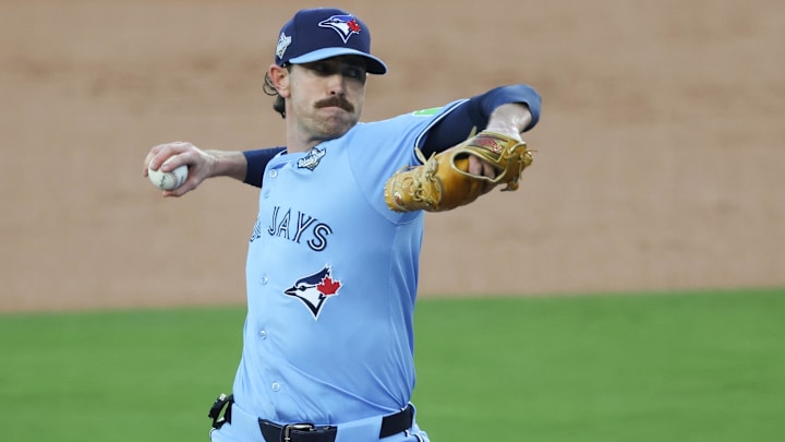 Oct 28, 2025; Los Angeles, California, USA; Toronto Blue Jays pitcher Shane Bieber (57) pitches during the first inning against the Los Angeles Dodgers during game four of the 2025 MLB World Series at Dodger Stadium. Mandatory Credit: Kiyoshi Mio-Imagn Images