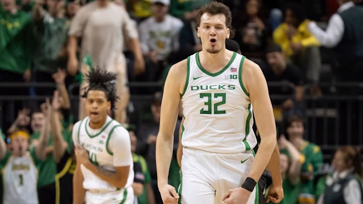 Oregon center Nate Bittle celibates a three-pointer as the Oregon Ducks host the Purdue Boilermakers Saturday, Jan. 18, 2025, at Matthew Knight Arena in Eugene, Ore. Oregon center Nate Bittle celibates a three-pointer as the Oregon Ducks host the Purdue Boilermakers Saturday, Jan. 18, 2025, at Matthew Knight Arena in Eugene, Ore.