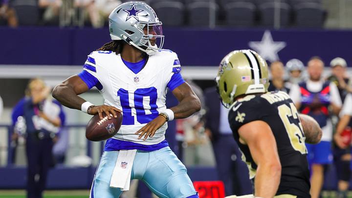 Dallas Cowboys quarterback Joe Milton III (10) throws past New Orleans Saints defensive end Michael Heldman (63) during the first half at AT&T Stadium. Mandatory Credit: Kevin Jairaj-Imagn Images Dallas Cowboys quarterback Joe Milton III (10) throws past New Orleans Saints defensive end Michael Heldman (63) during the first half at AT&T Stadium. Mandatory Credit: Kevin Jairaj-Imagn Images