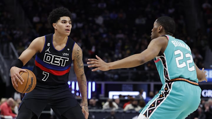 Feb 10, 2023; Detroit, Michigan, USA;  Detroit Pistons guard Killian Hayes (7) dribbles 