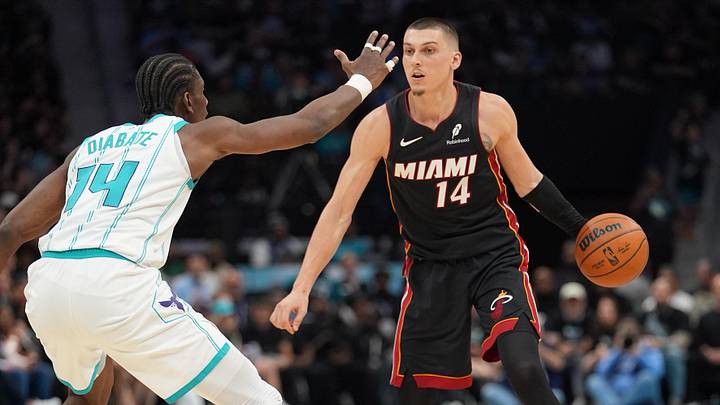 Apr 14, 2026; Charlotte, North Carolina, USA; Miami Heat guard Tyler Herro (14) handles the ball against Charlotte Hornets forward Moussa Diabaté (14) during the second quarter during the play-in rounds between the Charlotte Hornets and the Miami Heat of the 2026 NBA Playoffs at Spectrum Center. Mandatory Credit: Jim Dedmon-Imagn Images Apr 14, 2026; Charlotte, North Carolina, USA; Miami Heat guard Tyler Herro (14) handles the ball against Charlotte Hornets forward Moussa Diabaté (14) during the second quarter during the play-in rounds between the Charlotte Hornets and the Miami Heat of the 2026 NBA Playoffs at Spectrum Center. Mandatory Credit: Jim Dedmon-Imagn Images