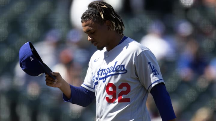 May 23, 2021; San Francisco, California, USA; Los Angeles Dodgers pitcher Edwin Uceta (92) walks off the field after being pulled for a reliever during the eighth inning against the San Francisco Giants at Oracle Park. Mandatory Credit: D. Ross Cameron-Imagn Images May 23, 2021; San Francisco, California, USA; Los Angeles Dodgers pitcher Edwin Uceta (92) walks off the field after being pulled for a reliever during the eighth inning against the San Francisco Giants at Oracle Park. Mandatory Credit: D. Ross Cameron-Imagn Images