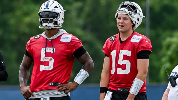 Jun 9, 2026; Indianapolis, IN, USA; Indianapolis Colts quarterback Anthony Richardson Sr. (5) and Indianapolis Colts quarterback Riley Leonard (15) look on during minicamp at Indiana Farm Bureau Football Center. Mandatory Credit: Robert Goddin-Imagn Images