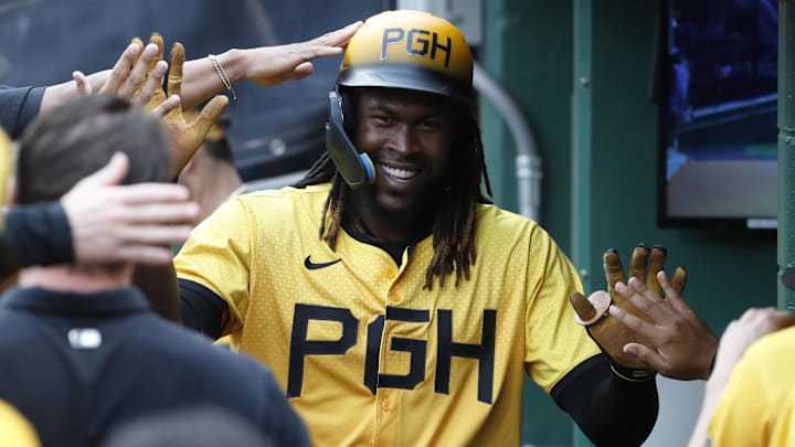 Pittsburgh Pirates shortstop Oneil Cruz (15) celebrates his solo home run in the dugout against the Minnesota Twins during the second inning at PNC Park. 