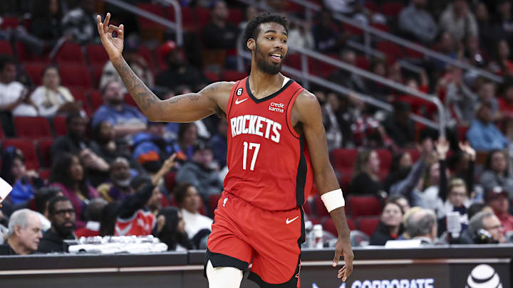 Feb 1, 2023; Houston, Texas, USA; Houston Rockets forward Tari Eason (17) reacts after scoring a