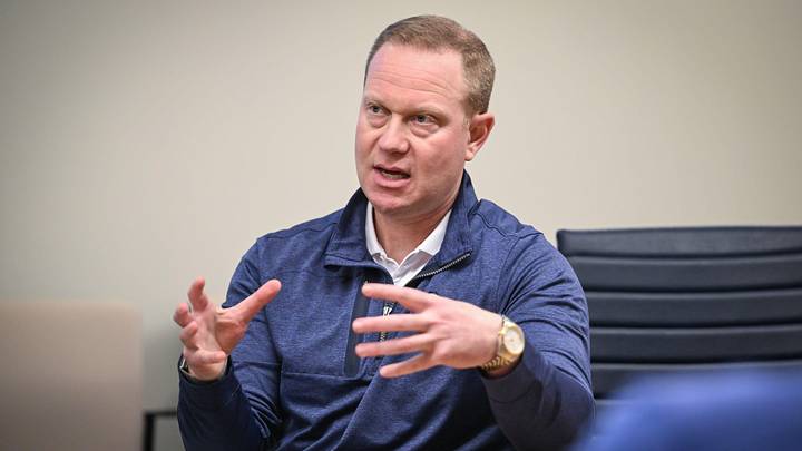 Matt Arnold, Milwaukee Brewers president of baseball operations and general manager, speaks with reporters Tuesday, February 17, 2026, at American Family Fields of Phoenix in Phoenix, Arizona.