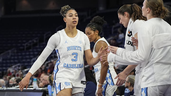 Mar 6, 2026; Duluth, GA, USA; North Carolina Tar Heels guard Taliyah Henderson (3) reacts with teammates during the game against the Virginia Tech Hokies at Gas South Arena. Mandatory Credit: Dale Zanine-Imagn Images