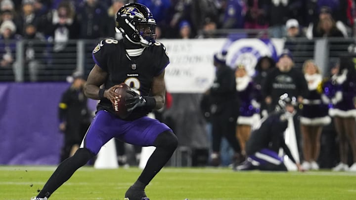 Dec 21, 2025; Baltimore, Maryland, USA; Baltimore Ravens quarterback Lamar Jackson (8) looks to pass against the New England Patriots during the first quarter of the game at M&T Bank Stadium. Mandatory Credit: James Lang-Imagn Images Dec 21, 2025; Baltimore, Maryland, USA; Baltimore Ravens quarterback Lamar Jackson (8) looks to pass against the New England Patriots during the first quarter of the game at M&T Bank Stadium. Mandatory Credit: James Lang-Imagn Images