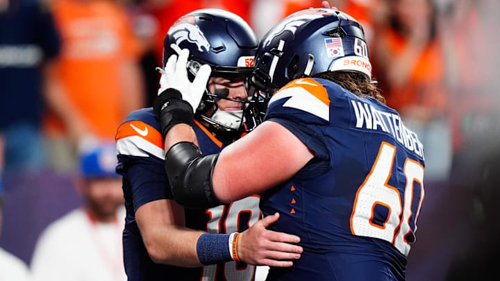 Sep 29, 2025; Denver, Colorado, USA; Denver Broncos quarterback Bo Nix (10) celebrates with Denver Broncos center Luke Wattenberg (60) after scoring a touchdown during the first quarter against the Cincinnati Bengals at Empower Field at Mile High. Sep 29, 2025; Denver, Colorado, USA; Denver Broncos quarterback Bo Nix (10) celebrates with Denver Broncos center Luke Wattenberg (60) after scoring a touchdown during the first quarter against the Cincinnati Bengals at Empower Field at Mile High.