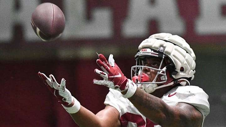 April 9, 2024; Tuscaloosa, Alabama, USA; Alabama tight end Danny Lewis Jr. (87) catches a pass during practice in the Hank Crisp Indoor Practice Facility at the University of Alabama.