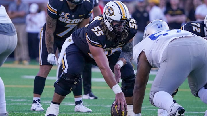 Sep 9, 2023; Columbia, Missouri, USA; Missouri Tigers offensive lineman Connor Tollison (55) lines up against the Middle Tennessee Blue Raiders during the game at Faurot Field at Memorial Stadium. 
